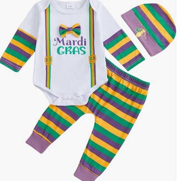 Baby Boy Mardi Gras Set Long Sleeve Bow Bodysuit Pants Hat Size 3-6 Months - Picture 13 of 13